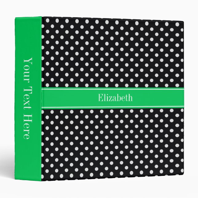 Black White Polka Dots Emerald Name Monogram Binder (Front/Spine)