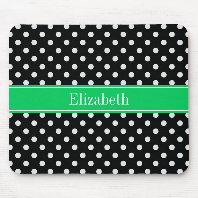 Black White Polka Dots Emerald Name Monogram Mouse Pad (Front)