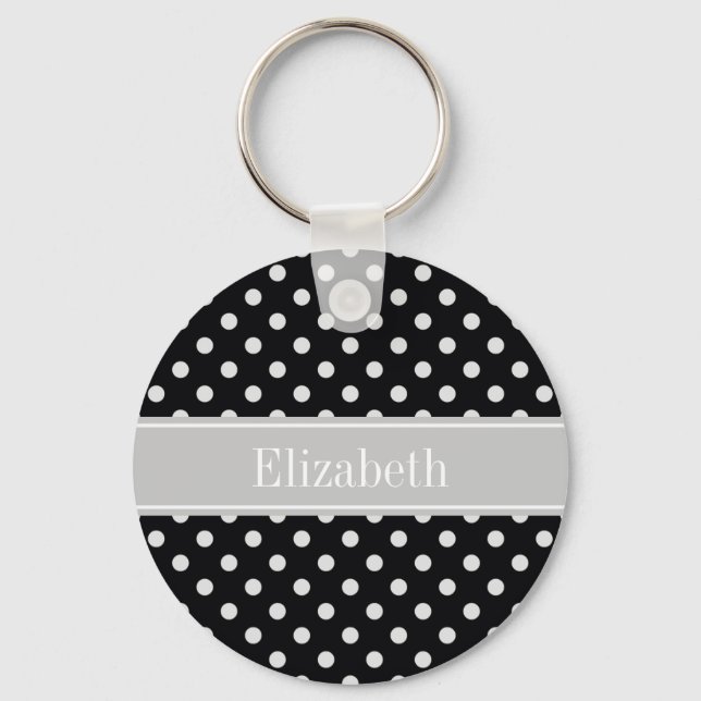 Black White Polka Dots Grey Name Monogram Keychain (Front)