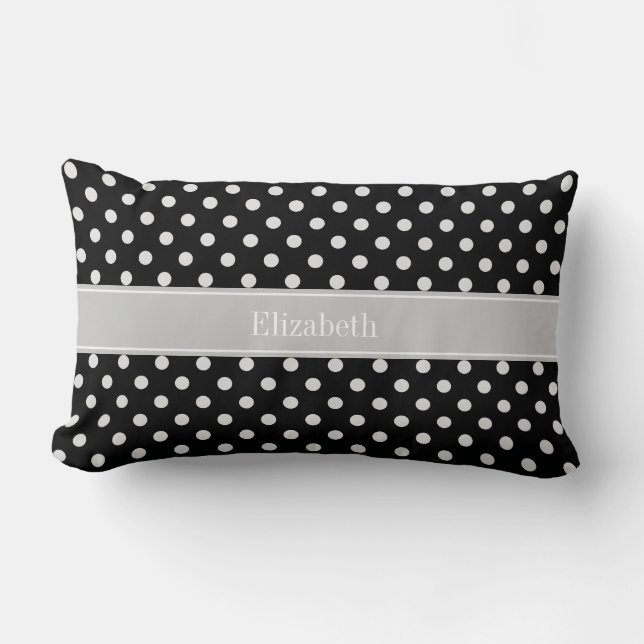 Black White Polka Dots Grey Name Monogram Lumbar Pillow (Front)