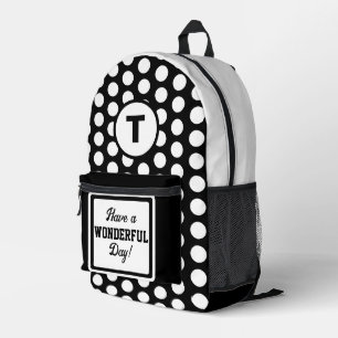 Black White Polka Dots  Monogram Circle Printed Backpack