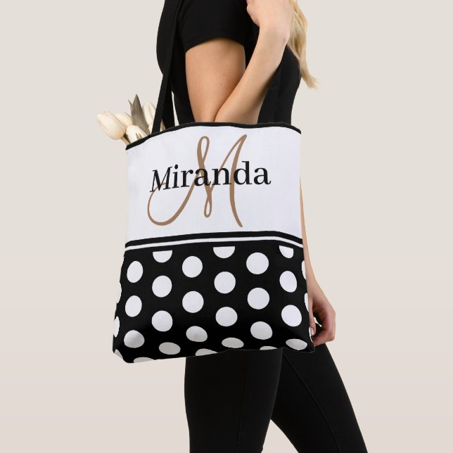 Black White Polka Dots Monogram Script Tote Bag (Close Up)
