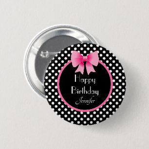 Black & White Polka Dots Pattern Pink Bow Name 2 Inch Round Button