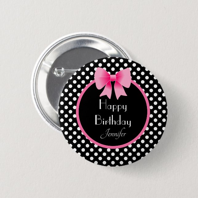 Black & White Polka Dots Pattern Pink Bow Name 2 Inch Round Button (Front & Back)