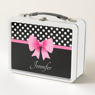 Black & White Polka Dots Pattern Pink Bow Name Metal Lunch Box