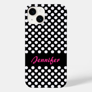 Black White Polka Dots Personalized Name Case-Mate iPhone 14 Case