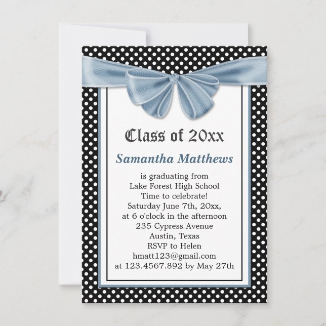 Black white polka dots printed ribbon Graduation Invitation (Front)