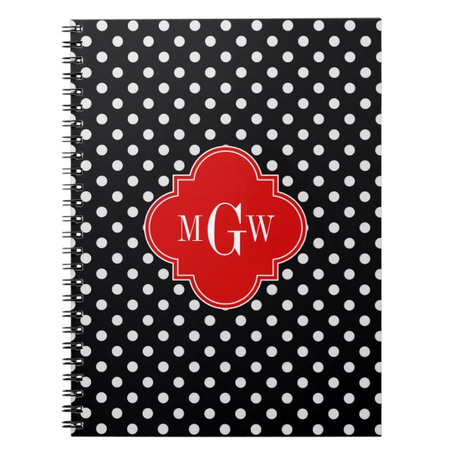 Black White Polka Dots Red Quatrefoil 3 Monogram Notebook (Front)