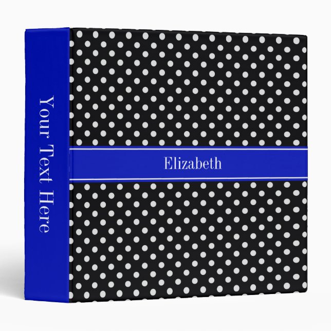 Black White Polka Dots Royal Blue Name Monogram Binder (Front/Spine)