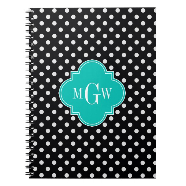Black White Polka Dots Teal Quatrefoil 3 Monogram Notebook (Front)