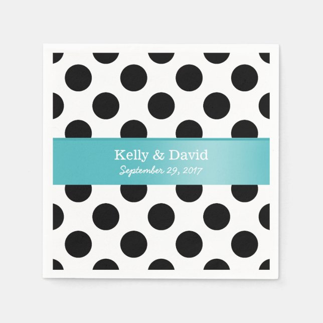 Black & White Polka Dots Turquoise Ribbon Wedding Napkin (Front)