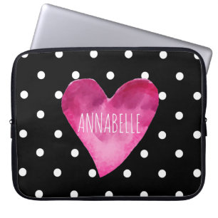 Black + White polka dots Watercolor Heart Monogram Laptop Sleeve