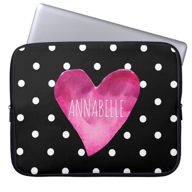 Black + White polka dots Watercolor Heart Monogram Laptop Sleeve (Front)