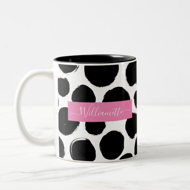 Black & White Polka Dots with Custom Name Two-Tone Coffee Mug (Left)