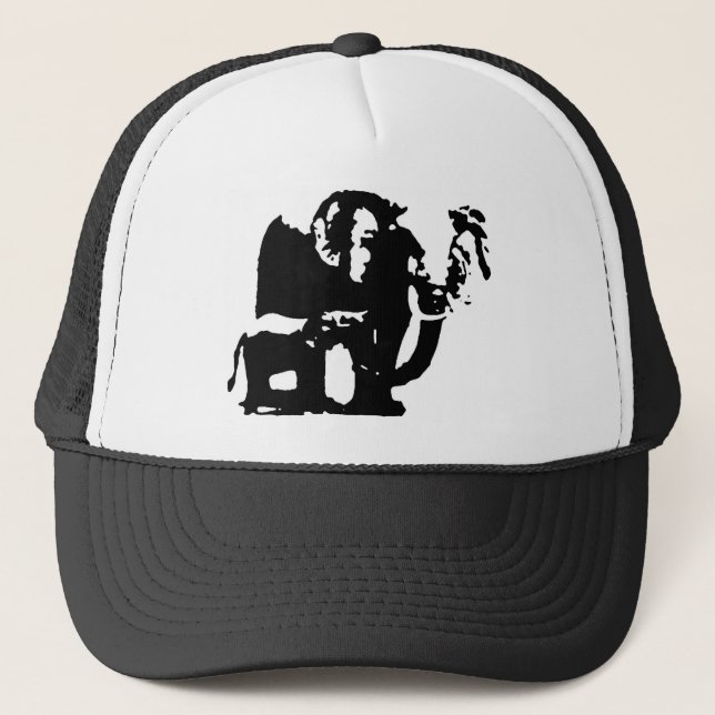 Black White Pop Art Baby & Mom Elephants Trucker Hat (Front)