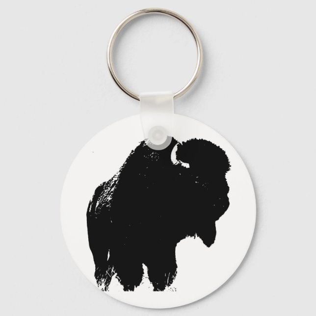 Black & White Pop Art Bison Buffalo Keychain (Front)
