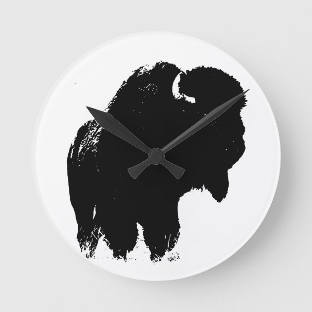 Black & White Pop Art Bison Buffalo Round Clock (Front)