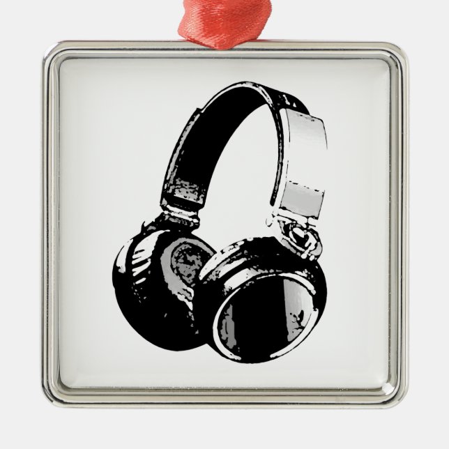 Black & White Pop Art Headphone Metal Ornament (Front)
