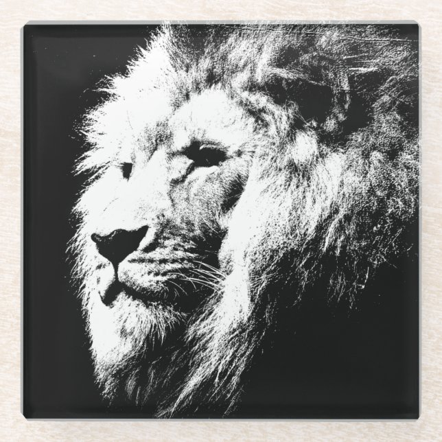 Black & White Pop Art Lion Head Modern Trendy Glass Coaster (Front)
