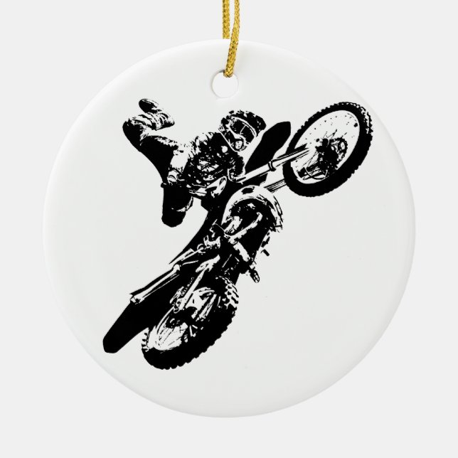 Black White Pop Art Motocross Motorcyle Sport Ceramic Ornament (Front)