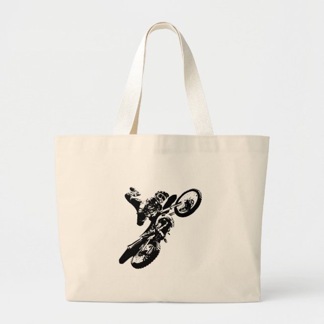 Black White Pop Art Motocross Motorcyle Sport Large Tote Bag (Front)