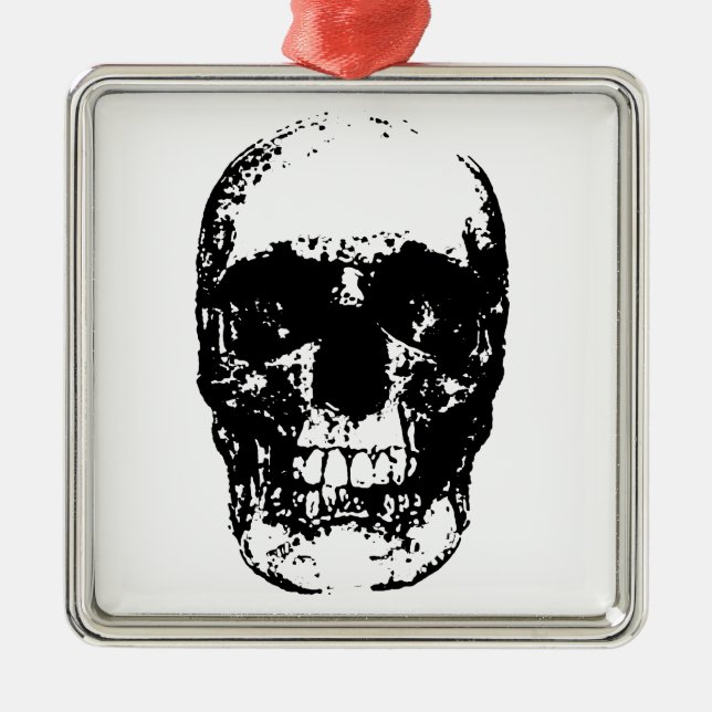Black & White Pop Art Skull Metal Ornament (Front)