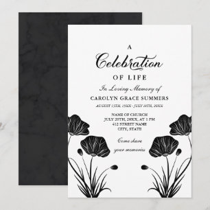 Black & White Poppies Celebration of Life Invitation