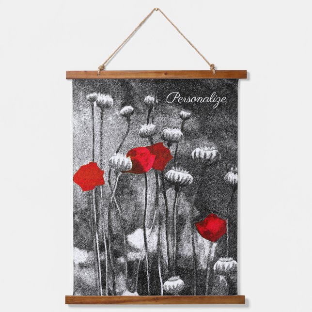Black White Poppies Red Flowers Dark Floral Classy Hanging Tapestry (Front)