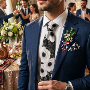 Black & White Poppy Floral Tie