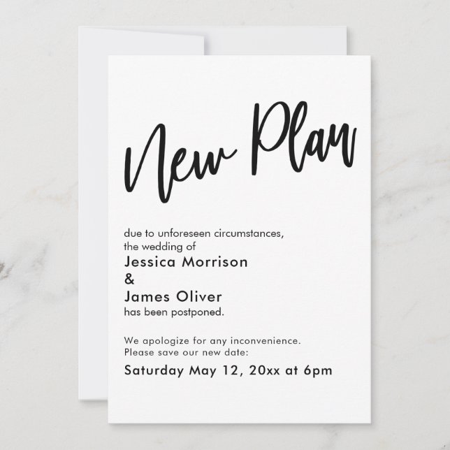 Black White Postponed Wedding New Plan Update Card (Front)