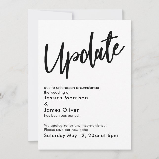 Black White Postponed Wedding Update Announcement (Front)