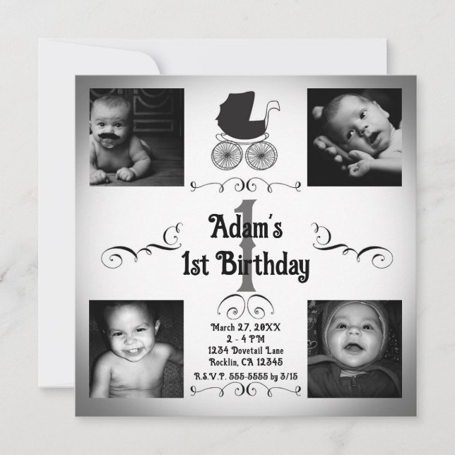 Black & White Pram Carriage Photo 1st Birthday  Invitation (Front)