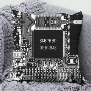 Black white printed circuit board Geek Electronics Throw Pillow