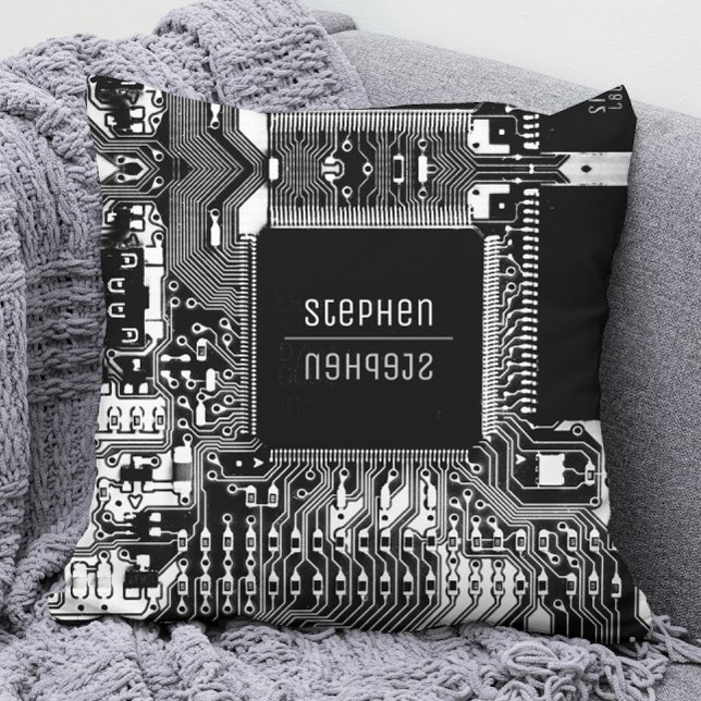 Black white printed circuit board Geek Electronics Throw Pillow (Creator Uploaded)