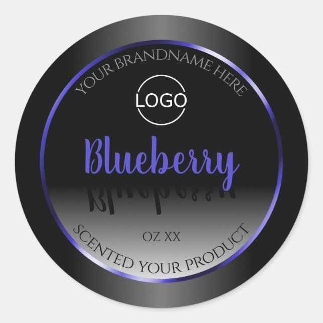 Black White Product Label Shimmery Blue Frame Logo (Front)