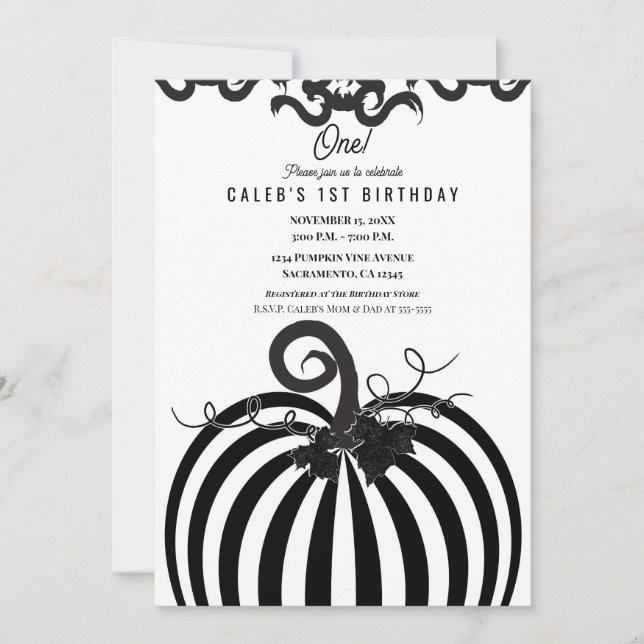 Black & White Pumpkin Autumn Fall 1st Birthday Invitation (Front)