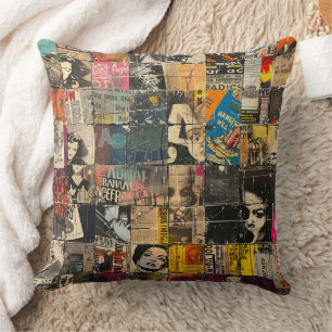 Black White Punk Rock Comic Collage Grid Throw Pillow