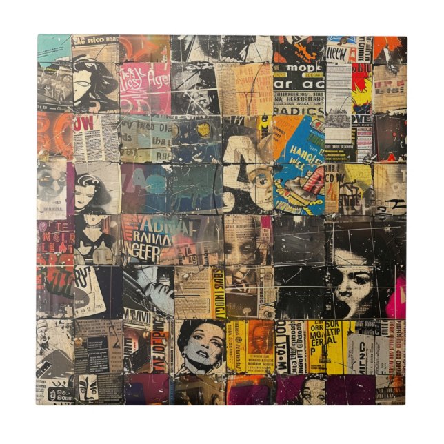 Black White Punk Rock Comic Collage Grid Tile (Front)