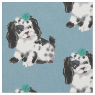 Black White Puppy Dog Ladybug Blue Vintage Nursery Fabric