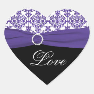 Black, White, Purple Damask Heart Shaped Sticker