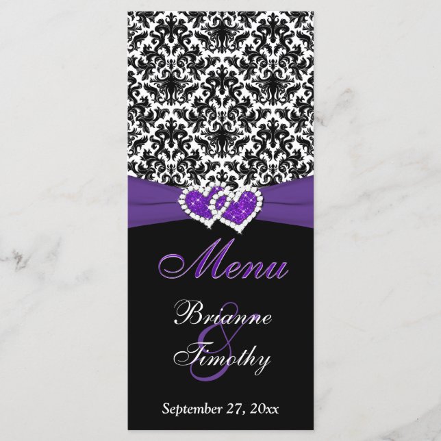 Black, White, Purple Damask, Hearts Mariage Menu (Devant)
