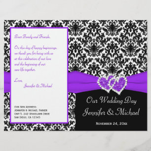 Black White Purple Damask Hearts Programme de mari