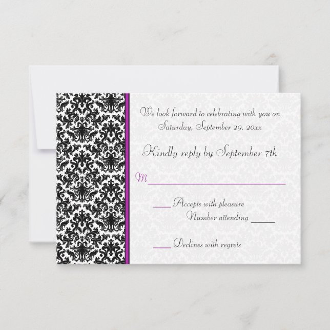 Black, White, Purple Damask RSVP Card (Front)