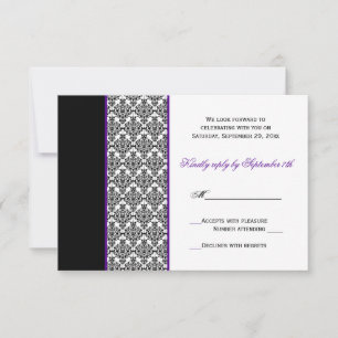 Black White Purple Damask RSVP Card