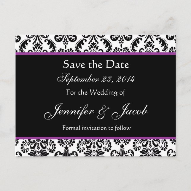 Black White Purple Damask Save Date Postcard (Front)