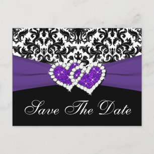 Black, White, Purple Damask Save the Date Postcard