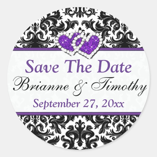 Black White Purple Damask Save The Date Sticker (Front)