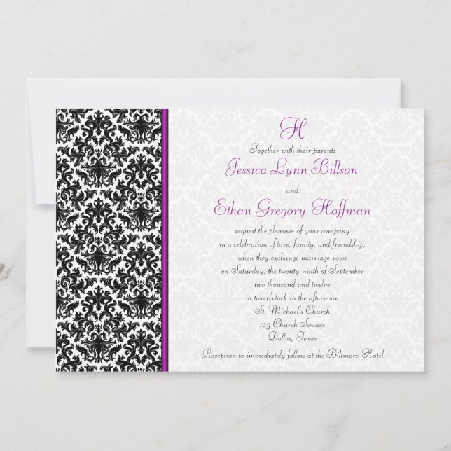 Black, White, Purple Damask Wedding Invitation (Front)