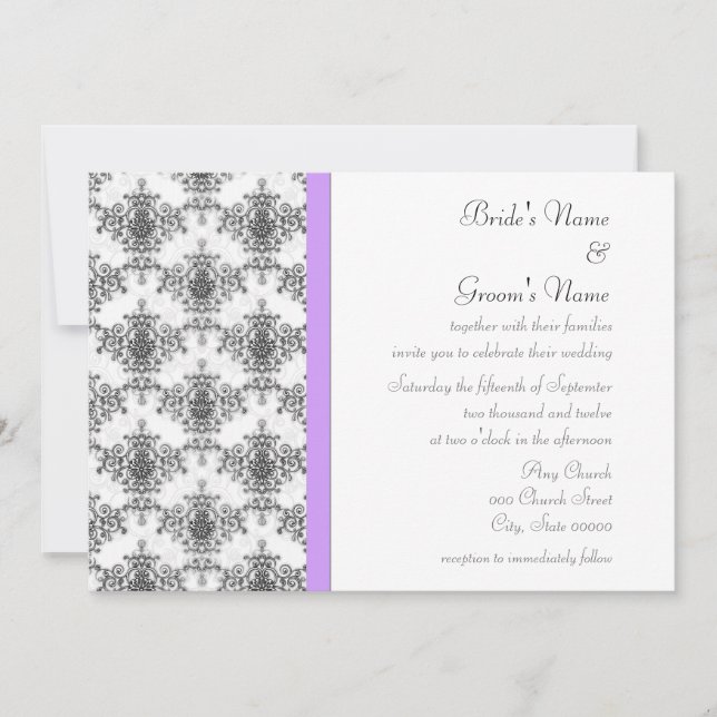 Black White Purple Damask Wedding Invitations (Front)