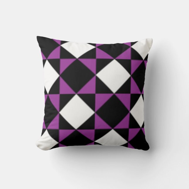 Black White Purple Modern Diamond  Check Pattern Throw Pillow (Front)